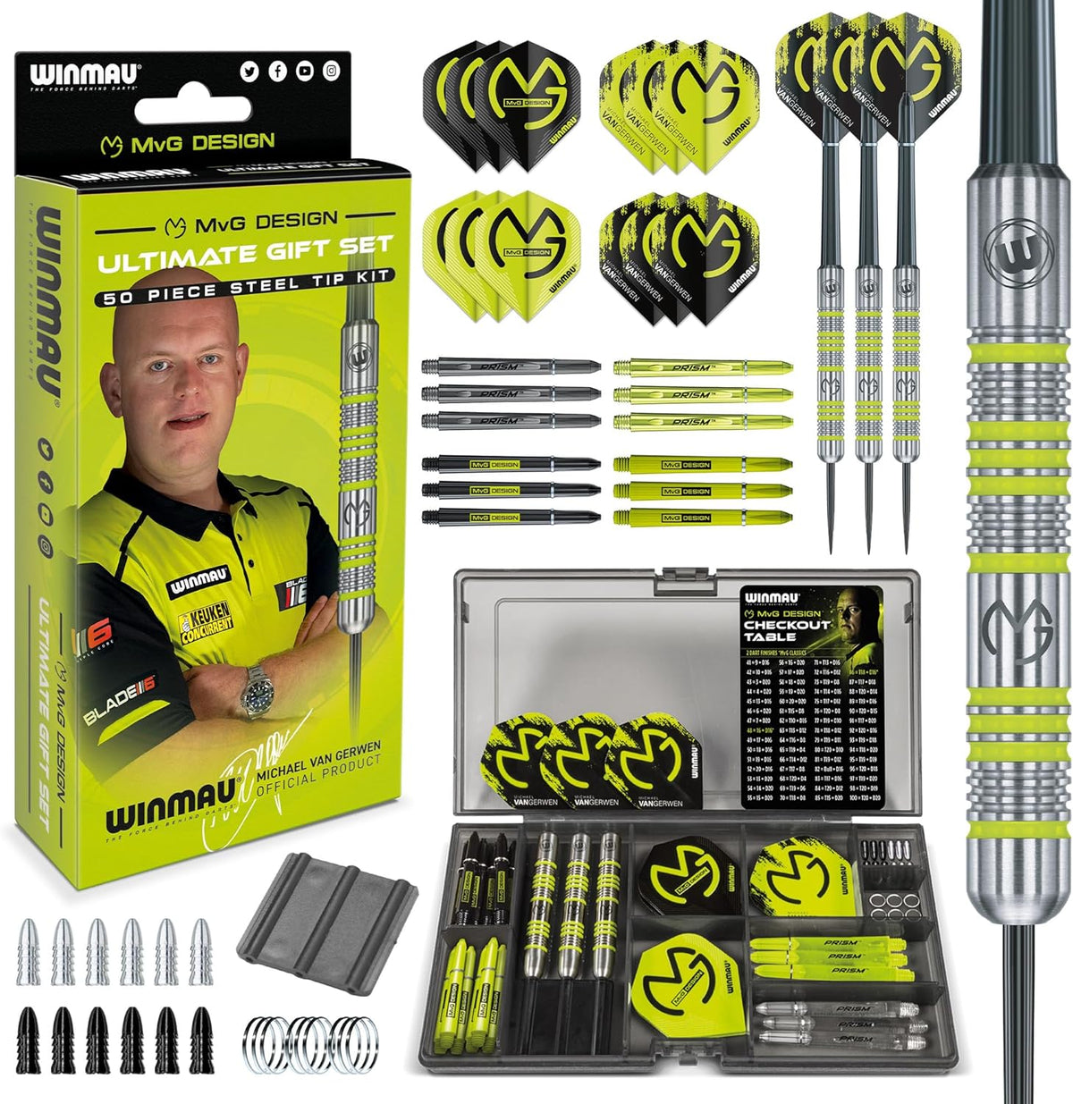 Winmau MVG Steeltip Darts Set 20g, Michael Van Gerwen 50 Piece Ultimate Gift Set