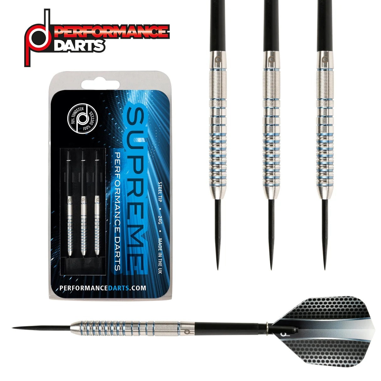 SUPREME 90% TUNGSTEN STEEL TIP 26G DARTS BY PERFORMANCE DARTS