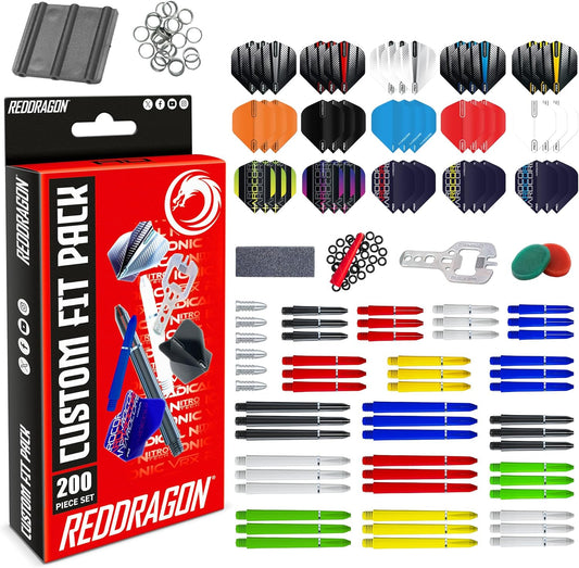 RED DRAGON DARTS ACCESSORIES PACK 200 PIECES - STEMS, TRIDENT 180, FLIGHTS, WAX