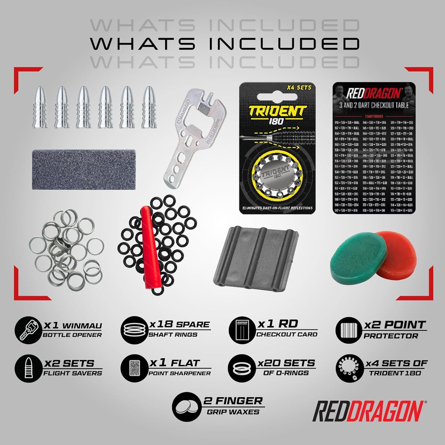 RED DRAGON DARTS ACCESSORIES PACK 200 PIECES - STEMS, TRIDENT 180, FLIGHTS, WAX