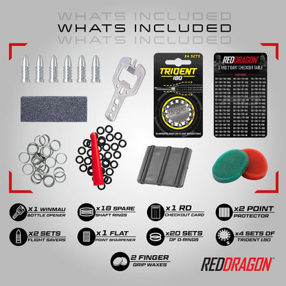 RED DRAGON DARTS ACCESSORIES PACK 200 PIECES - STEMS, TRIDENT 180, FLIGHTS, WAX