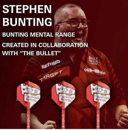 STEPHEN BUNTING TARGET LET'S GO BUNTING MENTAL DART FLIGHT AND SHAFT SET - RARE!